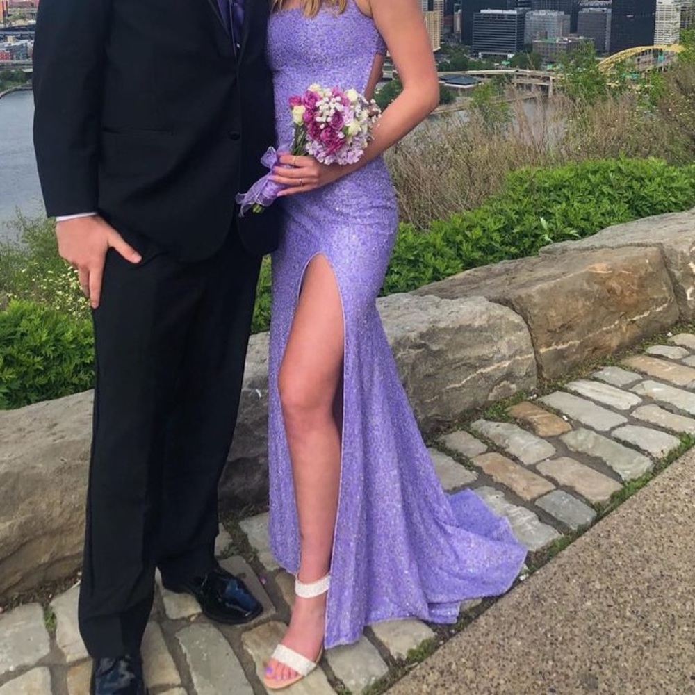 Lavender Sherri Hill Prom Dress. Floor- length with slit and a tassel-tie back